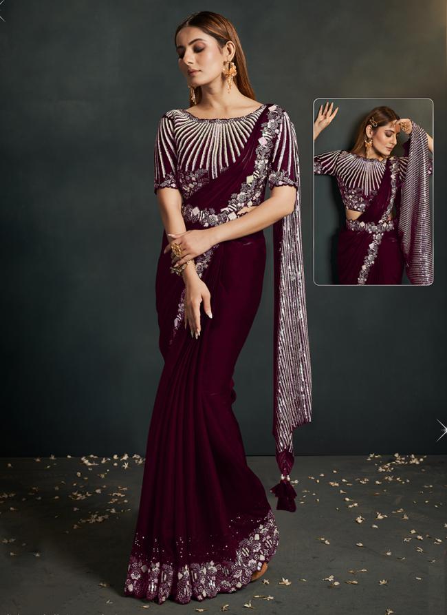 Crepe Silk Wine Party Wear Embroidery Work Readymade Saree